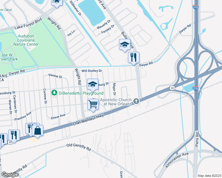map of restaurants, bars, coffee shops, grocery stores, and more near 4831 Sherwood Drive in New Orleans