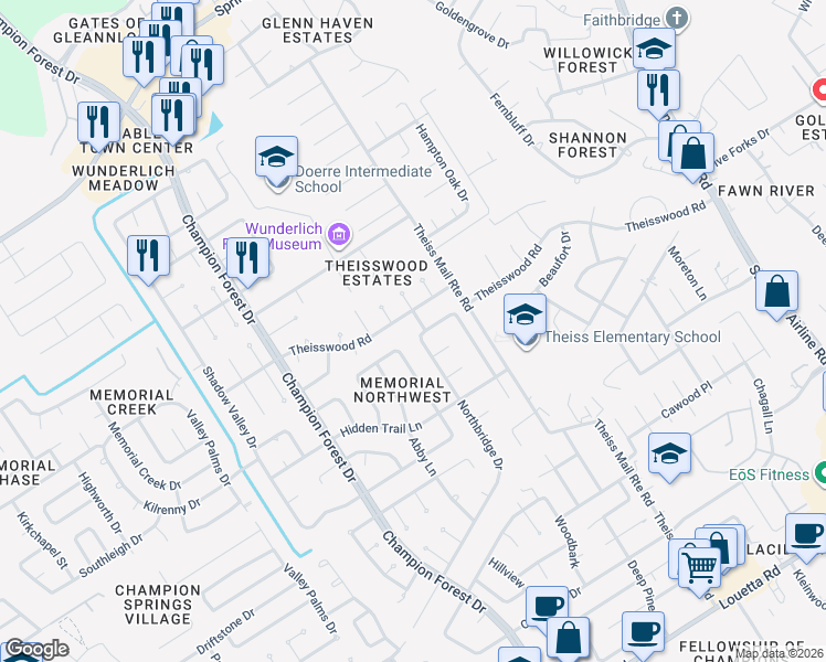 map of restaurants, bars, coffee shops, grocery stores, and more near 8030 Forest Breeze Lane in Spring