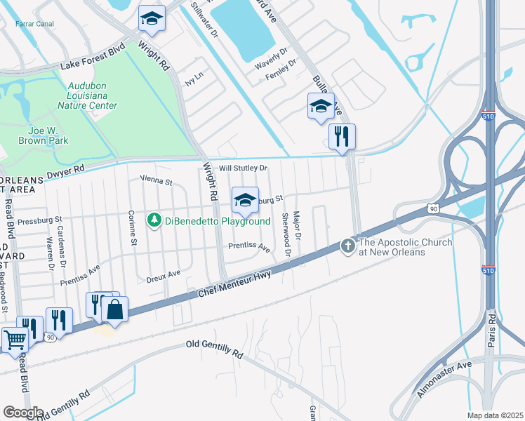 map of restaurants, bars, coffee shops, grocery stores, and more near 4837 Robin Hood Drive in New Orleans