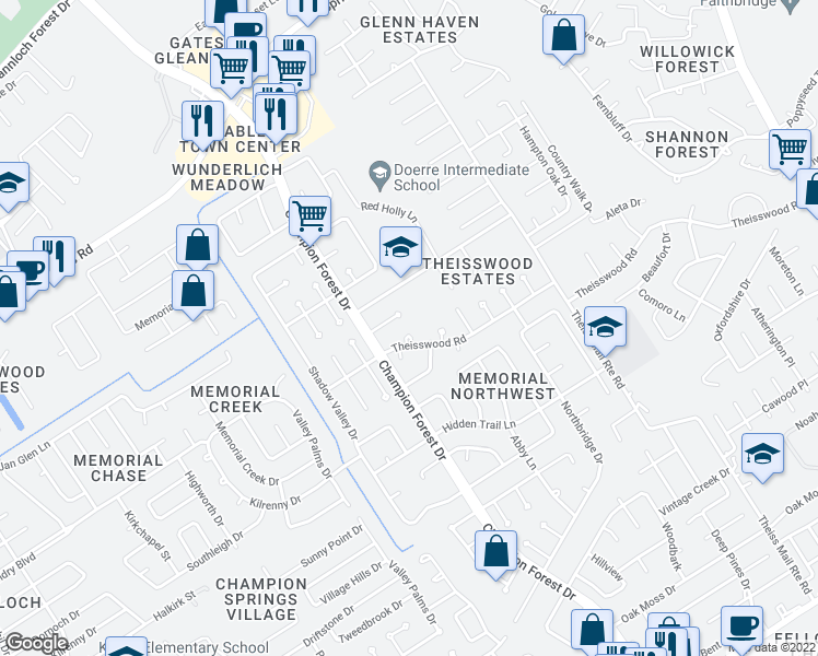 map of restaurants, bars, coffee shops, grocery stores, and more near 17910 Theisswood Circle in Spring