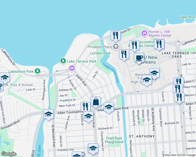 map of restaurants, bars, coffee shops, grocery stores, and more near 6335 Caldwell Drive in New Orleans