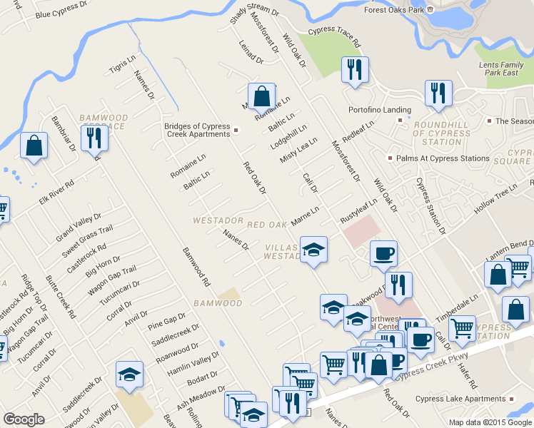 map of restaurants, bars, coffee shops, grocery stores, and more near 17419-17659 Red Oak Drive in Houston
