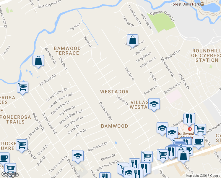 map of restaurants, bars, coffee shops, grocery stores, and more near 1115 Misty Lea Lane in Houston