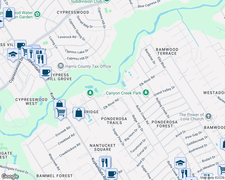 map of restaurants, bars, coffee shops, grocery stores, and more near 1807 Woerner Road in Houston