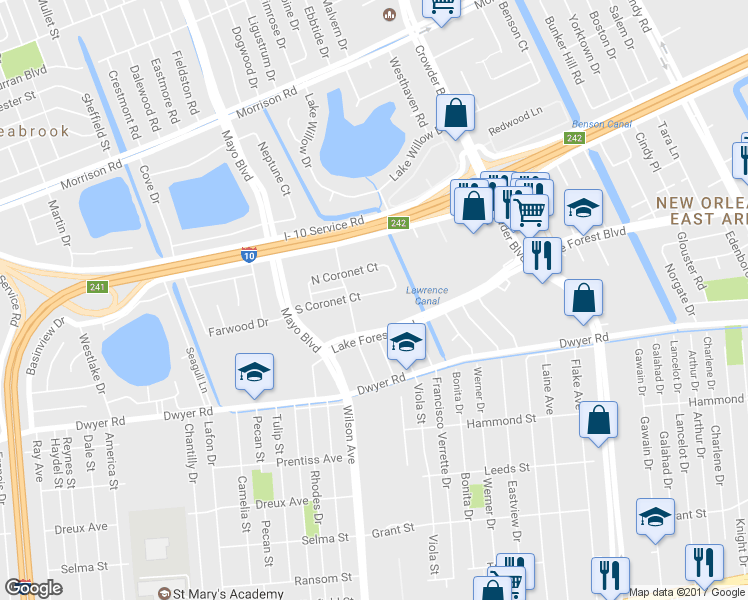 map of restaurants, bars, coffee shops, grocery stores, and more near 7836 South Coronet Court in New Orleans
