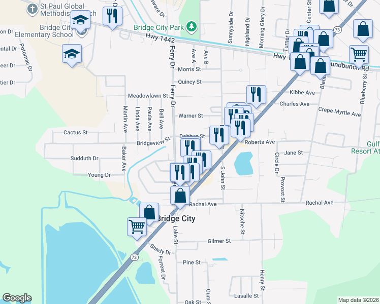 map of restaurants, bars, coffee shops, grocery stores, and more near 335 Hebert Drive in Bridge City