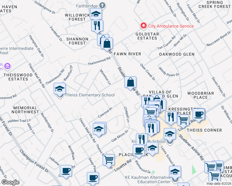 map of restaurants, bars, coffee shops, grocery stores, and more near 17318 Chagall Lane in Spring