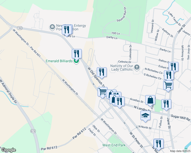 map of restaurants, bars, coffee shops, grocery stores, and more near 2118 West Old Spanish Trail in New Iberia