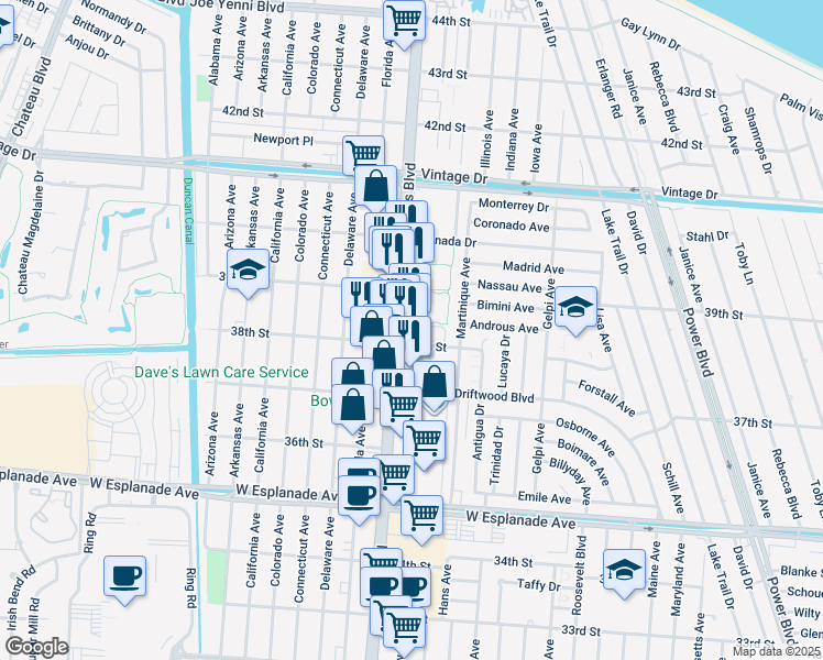 map of restaurants, bars, coffee shops, grocery stores, and more near 3804 Williams Boulevard in Kenner