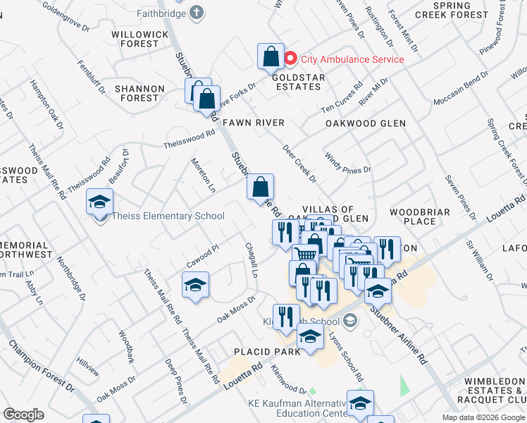 map of restaurants, bars, coffee shops, grocery stores, and more near 17306 Bonnard Circle in Spring