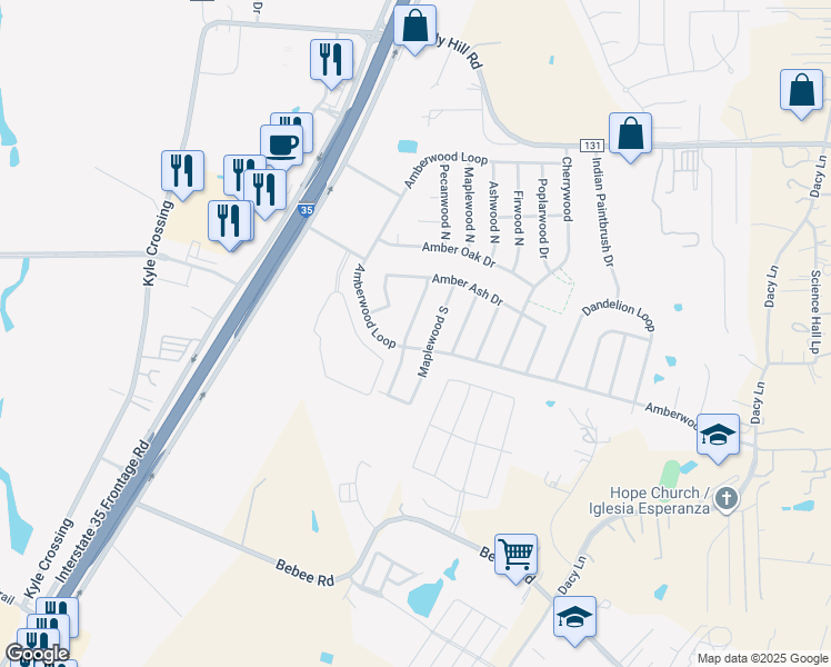 map of restaurants, bars, coffee shops, grocery stores, and more near 1500 Amberwood Loop in Kyle