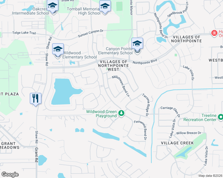 map of restaurants, bars, coffee shops, grocery stores, and more near 18542 Bristol Point Lane in Tomball
