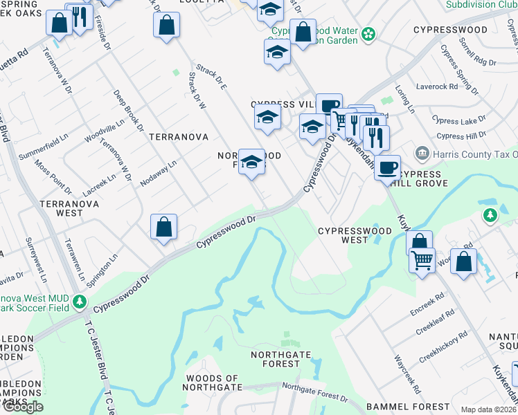 map of restaurants, bars, coffee shops, grocery stores, and more near 17411 Strack Drive West in Spring