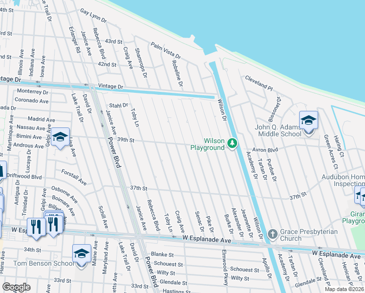 map of restaurants, bars, coffee shops, grocery stores, and more near 4925 Pike Drive in Metairie