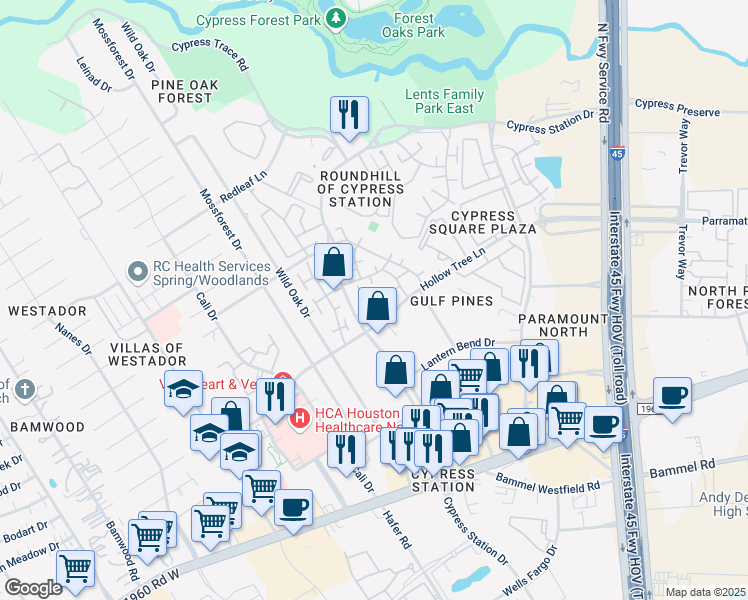 map of restaurants, bars, coffee shops, grocery stores, and more near 1007 Cypress Station Drive in Houston