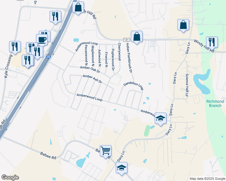 map of restaurants, bars, coffee shops, grocery stores, and more near 351 Amber Ash Drive in Kyle