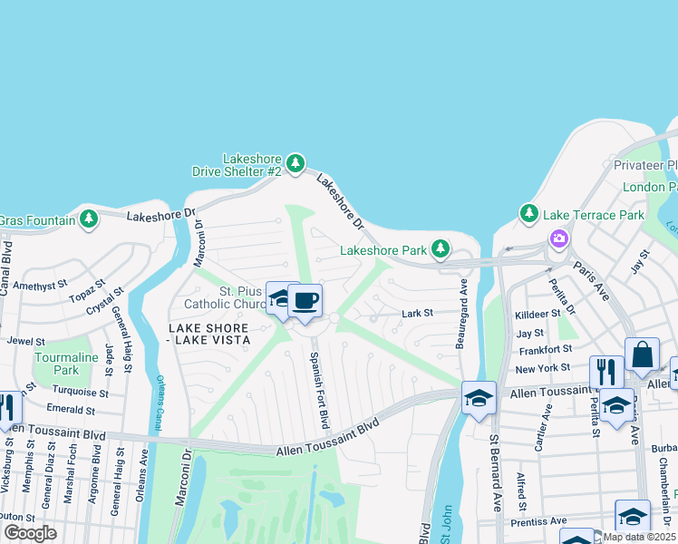 map of restaurants, bars, coffee shops, grocery stores, and more near 25 Plover Street in New Orleans