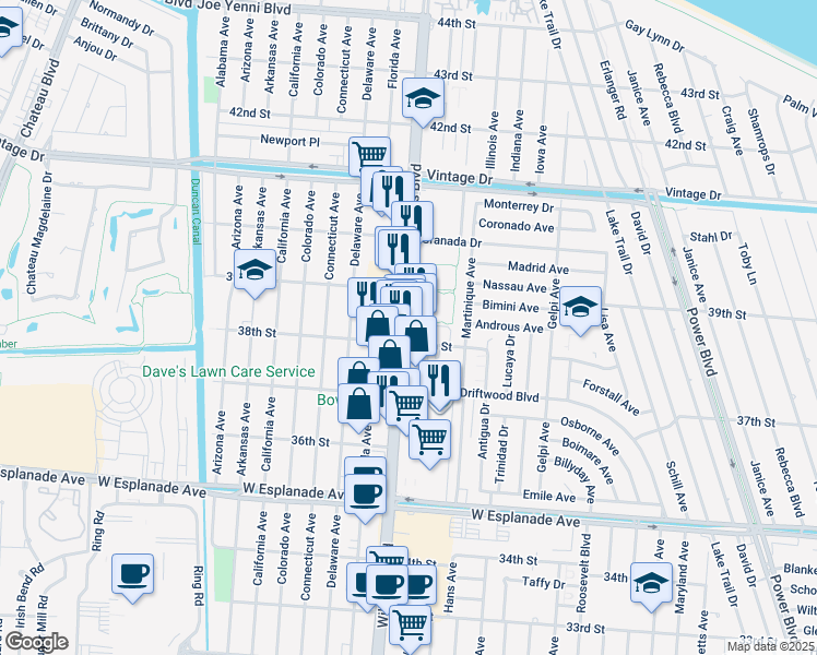 map of restaurants, bars, coffee shops, grocery stores, and more near 3804 Williams Boulevard in Kenner