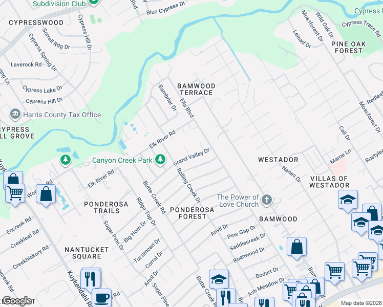 map of restaurants, bars, coffee shops, grocery stores, and more near 1518 Grand Valley Drive in Houston