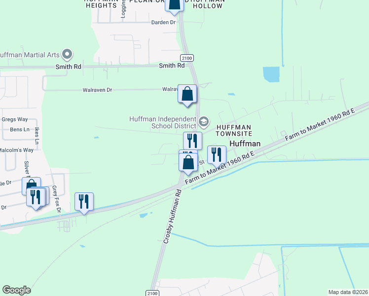 map of restaurants, bars, coffee shops, grocery stores, and more near 24203 Farm to Market 2100 in Huffman