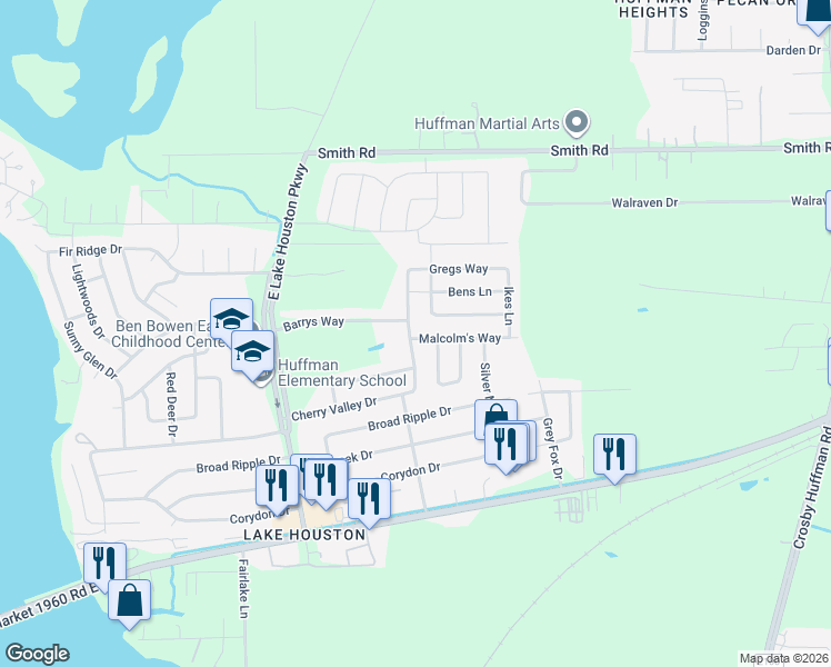 map of restaurants, bars, coffee shops, grocery stores, and more near 24418 Strong Pine Drive in Huffman