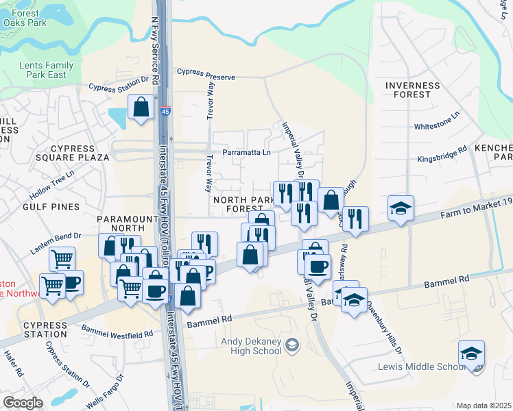 map of restaurants, bars, coffee shops, grocery stores, and more near 411 Highland Cross Drive in Houston