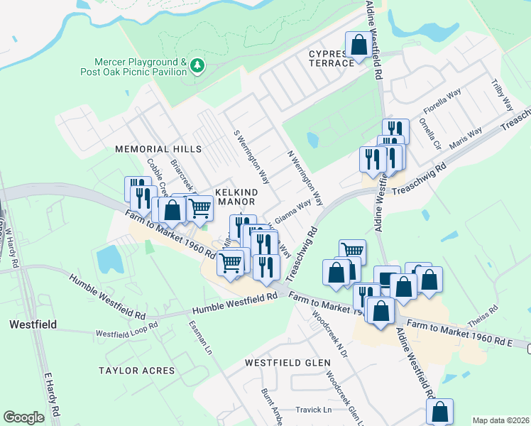 map of restaurants, bars, coffee shops, grocery stores, and more near Kolby Way in Houston