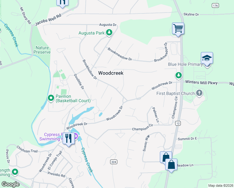 map of restaurants, bars, coffee shops, grocery stores, and more near 8 Brookhollow Drive in Wimberley
