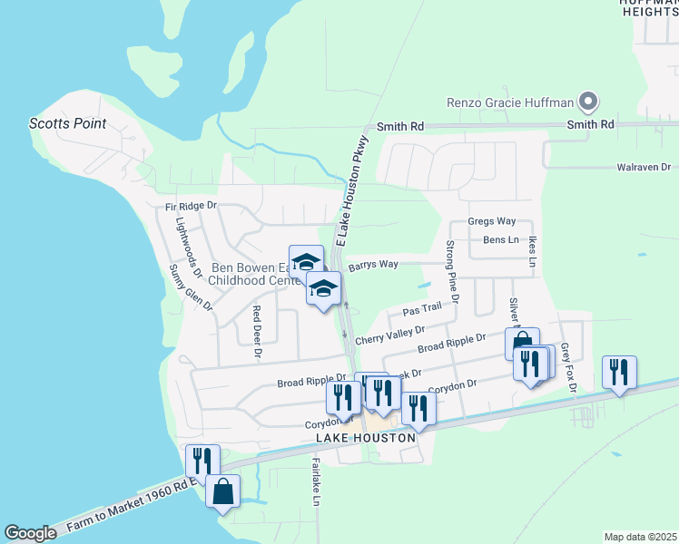 map of restaurants, bars, coffee shops, grocery stores, and more near East Lake Houston Parkway in Huffman
