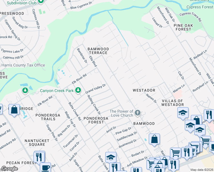 map of restaurants, bars, coffee shops, grocery stores, and more near 1402 Sweet Grass Trail in Houston