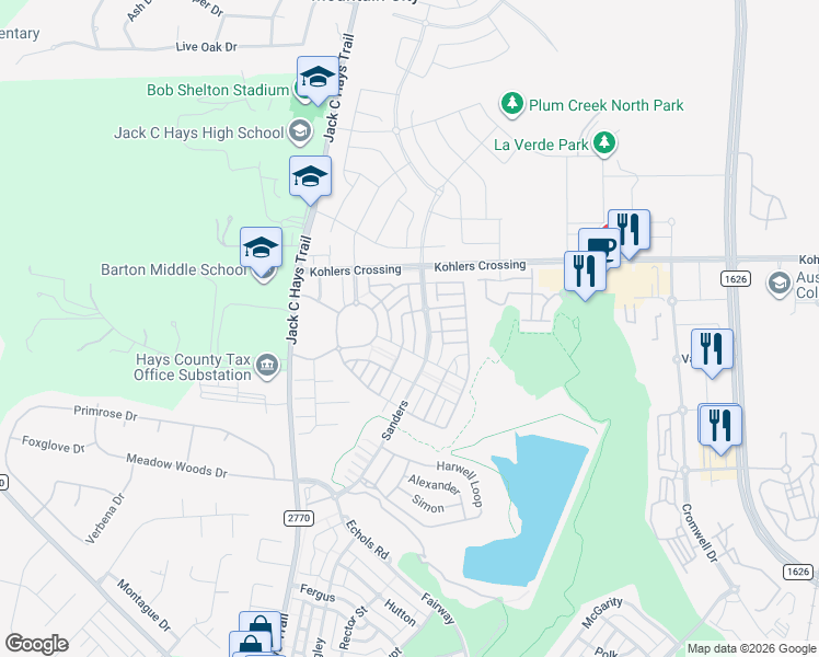 map of restaurants, bars, coffee shops, grocery stores, and more near 2151 Herzog in Kyle