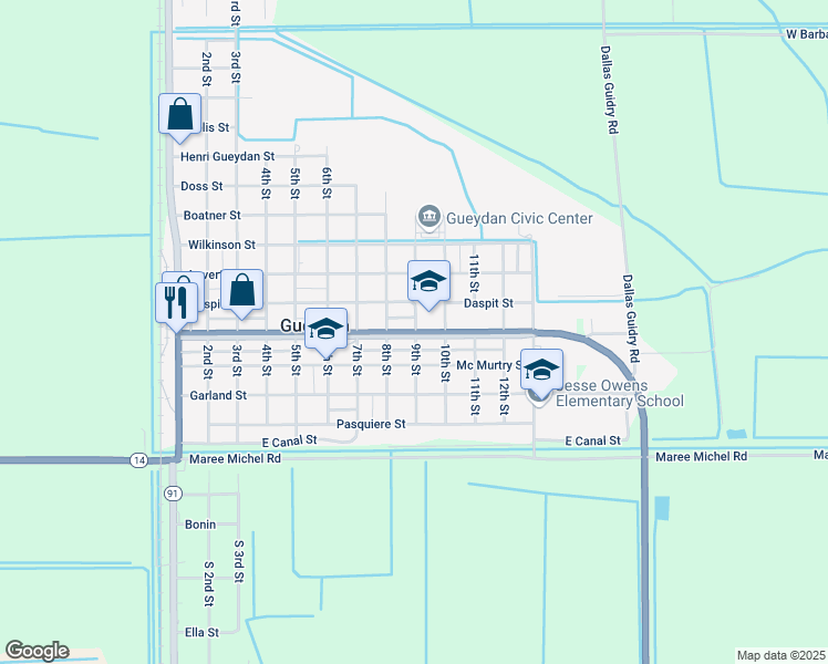 map of restaurants, bars, coffee shops, grocery stores, and more near 901 Main Street in Gueydan