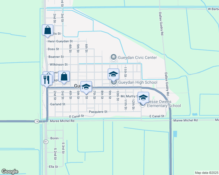 map of restaurants, bars, coffee shops, grocery stores, and more near 901 Main Street in Gueydan