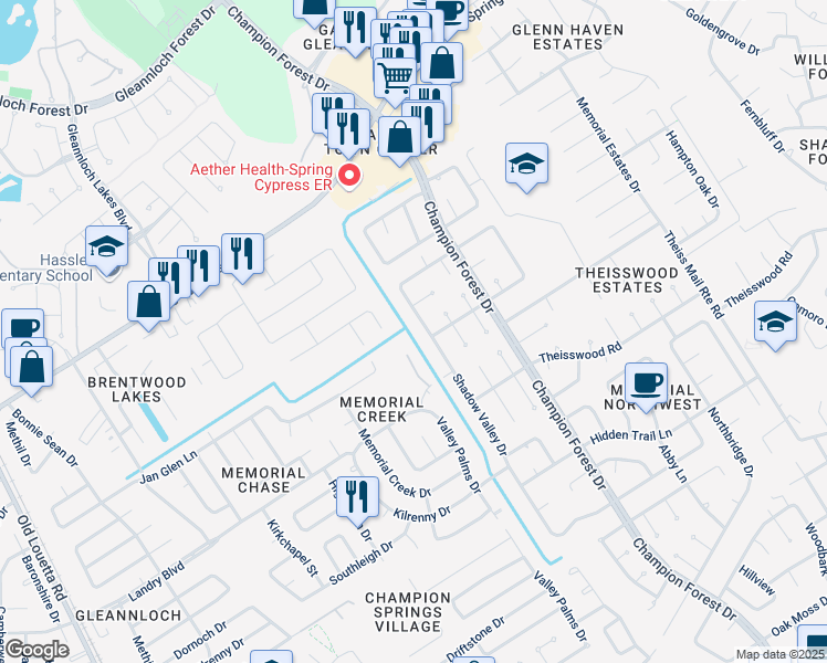 map of restaurants, bars, coffee shops, grocery stores, and more near 17402 Memorial Trace Drive in Spring