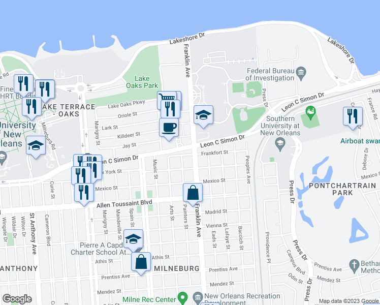 map of restaurants, bars, coffee shops, grocery stores, and more near 6500 Franklin Avenue in New Orleans