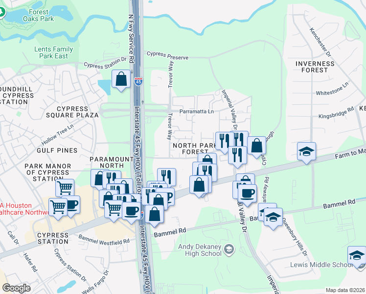 map of restaurants, bars, coffee shops, grocery stores, and more near 25 Highland Cross Drive in Houston