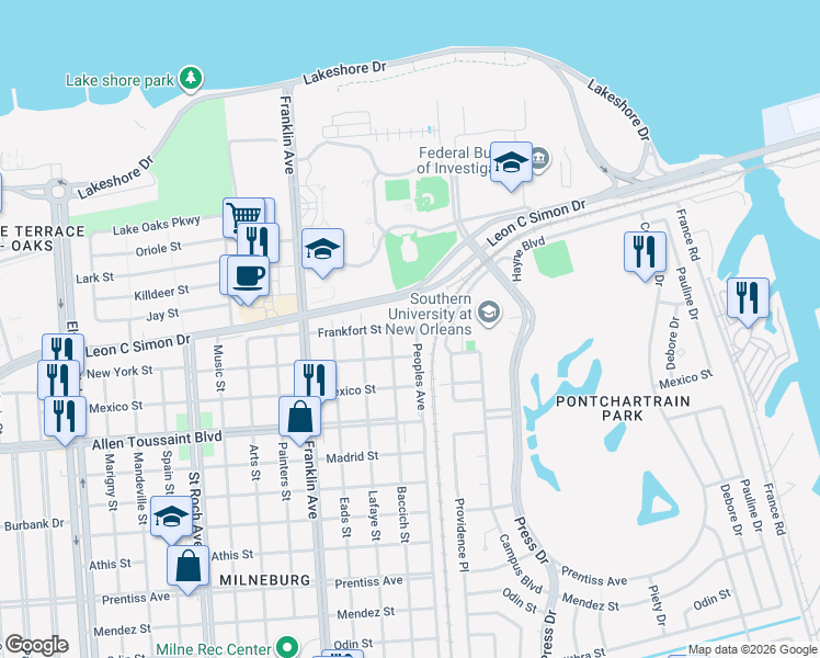 map of restaurants, bars, coffee shops, grocery stores, and more near 6420 Peoples Avenue in New Orleans