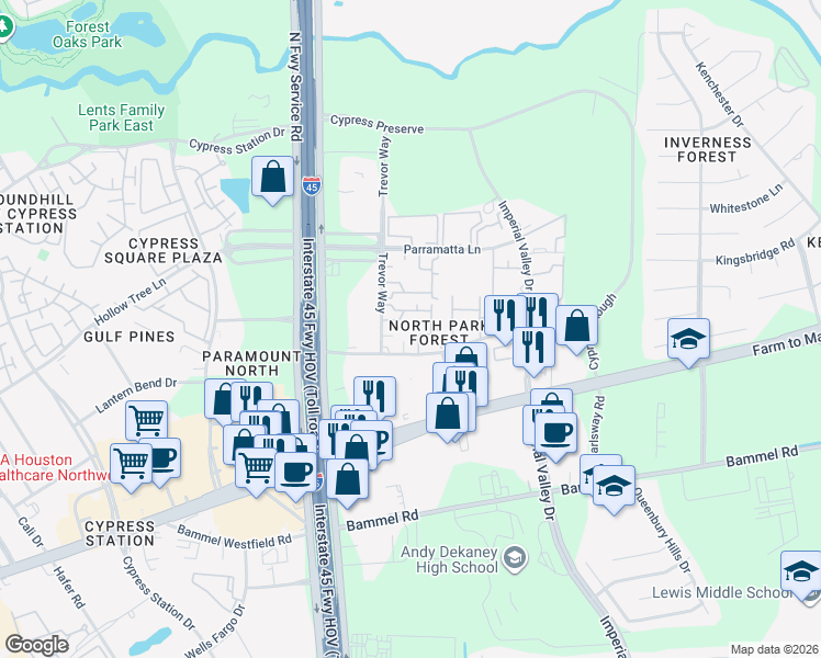 map of restaurants, bars, coffee shops, grocery stores, and more near 25 Highland Cross Drive in Houston