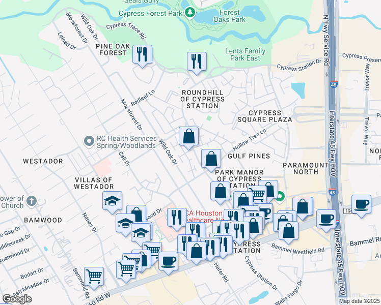 map of restaurants, bars, coffee shops, grocery stores, and more near 1007 Cypress Station Drive in Houston