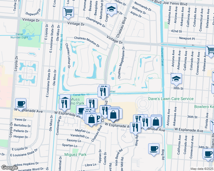 map of restaurants, bars, coffee shops, grocery stores, and more near 3600 Chateau Boulevard in Kenner