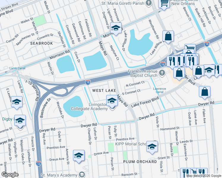 map of restaurants, bars, coffee shops, grocery stores, and more near 6827 Glengary Road in New Orleans