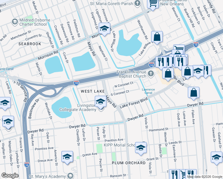 map of restaurants, bars, coffee shops, grocery stores, and more near 6822 West Coronet Court in New Orleans