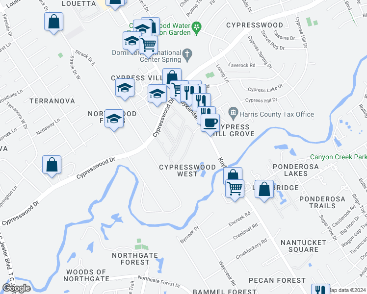 map of restaurants, bars, coffee shops, grocery stores, and more near 2400 Spring Rain Drive in Spring