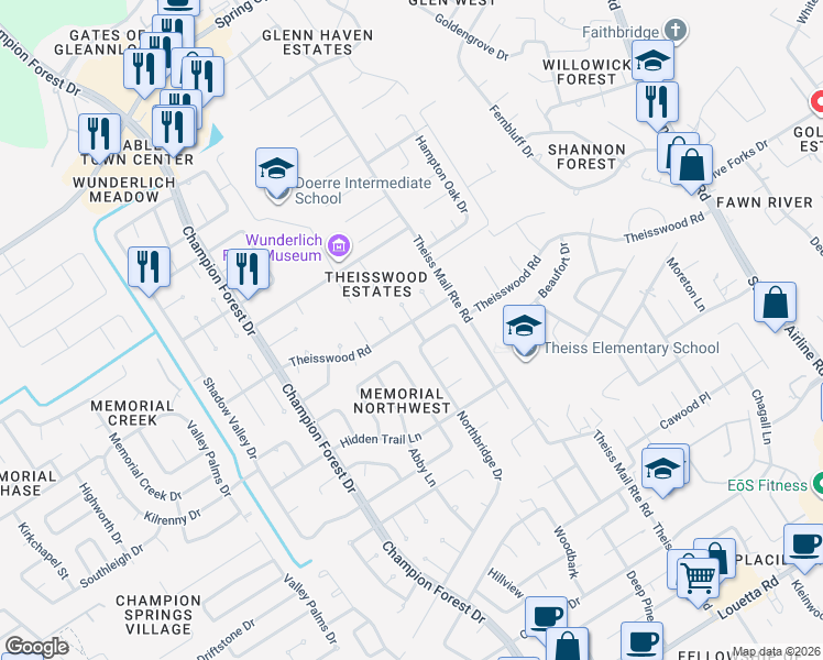 map of restaurants, bars, coffee shops, grocery stores, and more near 8030 Forest Breeze Lane in Spring
