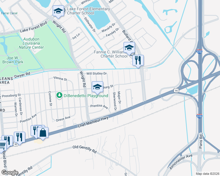 map of restaurants, bars, coffee shops, grocery stores, and more near 4831 Sherwood Drive in New Orleans
