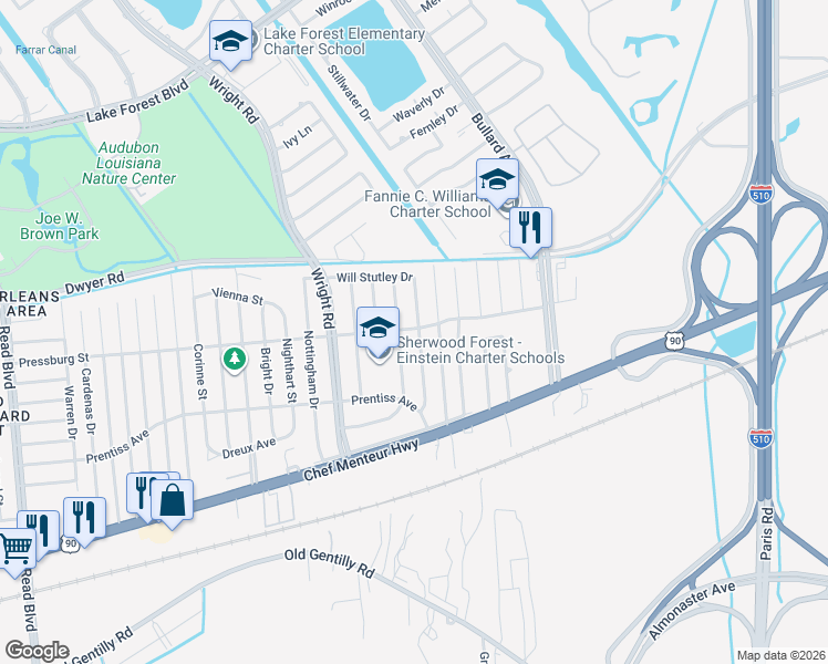 map of restaurants, bars, coffee shops, grocery stores, and more near 4837 Robin Hood Drive in New Orleans