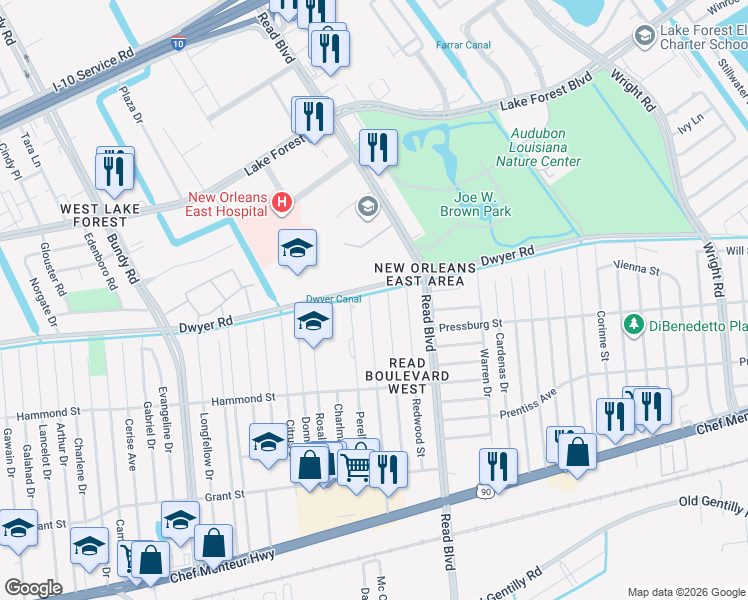 map of restaurants, bars, coffee shops, grocery stores, and more near 4942 Lurline Street in New Orleans