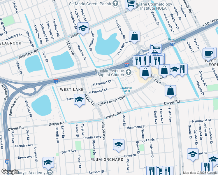 map of restaurants, bars, coffee shops, grocery stores, and more near 7836 South Coronet Court in New Orleans
