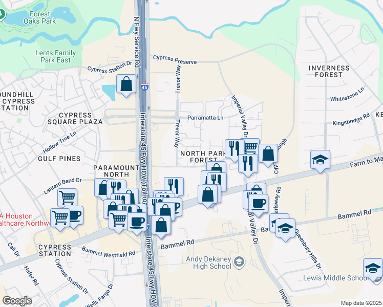 map of restaurants, bars, coffee shops, grocery stores, and more near 25 Highland Cross Drive in Houston