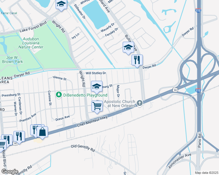 map of restaurants, bars, coffee shops, grocery stores, and more near 4831 Sherwood Drive in New Orleans